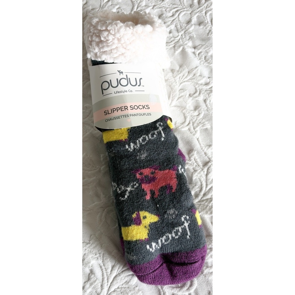 Pudus Slipper Socks Women Gray Dog Print Faux Fur Lined Non Slip Gripper NWT